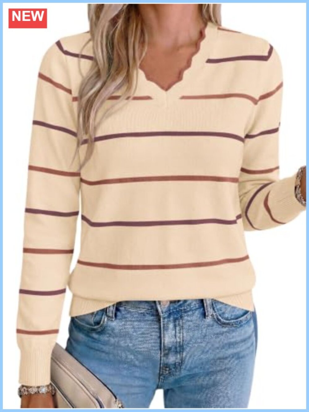 Womens Striped V-Neck Scalloped Trim Pullover Sweater Long Sleeve Soft Knit
